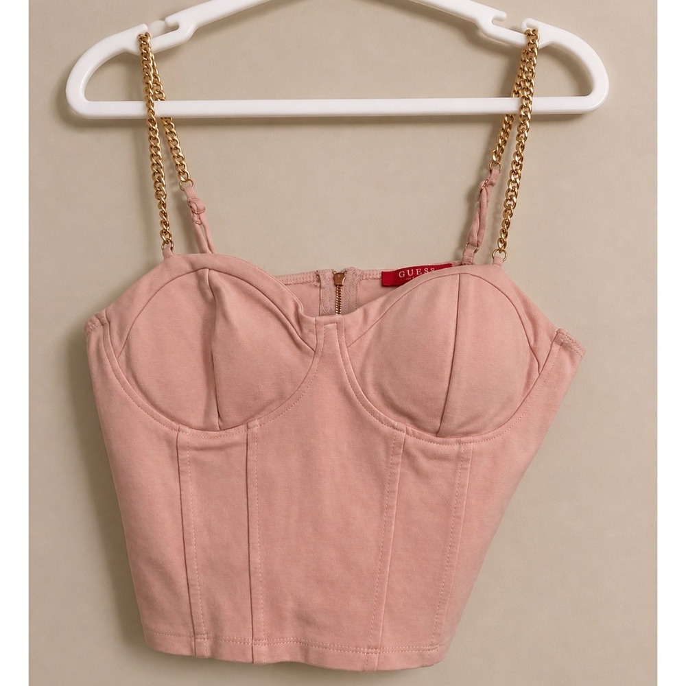 Guess Los Angeles Pink Corset Bustier Top Gold Chain Straps Rose Crop Zip Medium